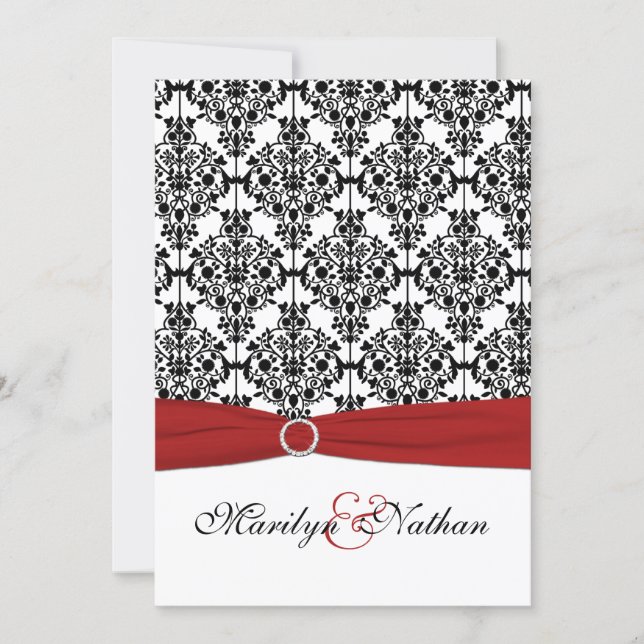 Red, White and Black Damask II Wedding Invitation (Front)