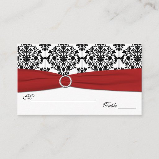 Customizable Red, White and Black Damask Placecards Business Card Template