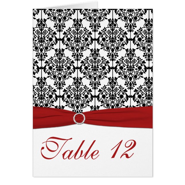 Red, White and Black Damask Table Card (Front)