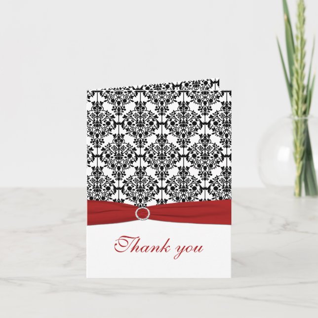Red, White and Black Damask Thank You Card (Front)