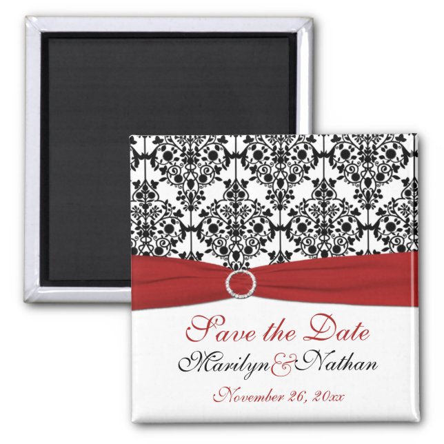 Red, White, and Black Damask Wedding Favor Magnet (Front)
