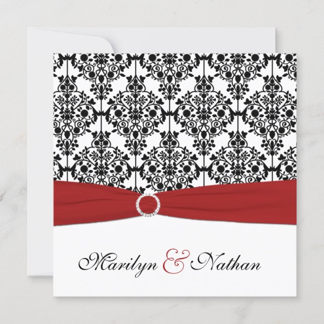 Red, White, and Black Damask Wedding Invitation (Front)