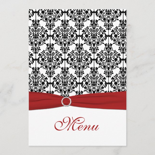 Red, White, and Black Damask Wedding Menu Card (Front)