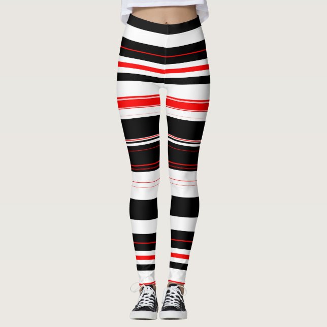 Red White and Black Horizontal Stripes Leggings (Front)