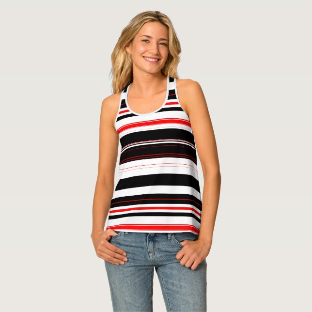Red White and Black Horizontal Stripes Tank Top (Front Full)
