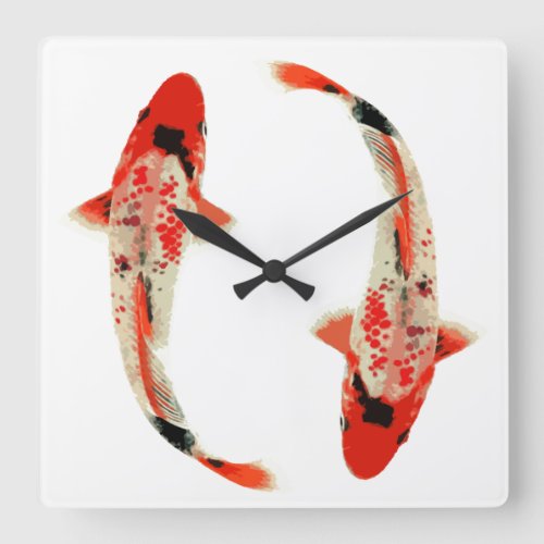 Red White and Black Koi Fish Square Wall Clock