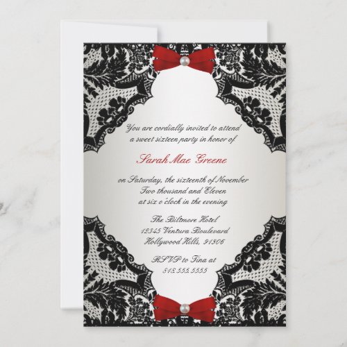 Red, white and Black lace Sweet 16 Personalized Invitation