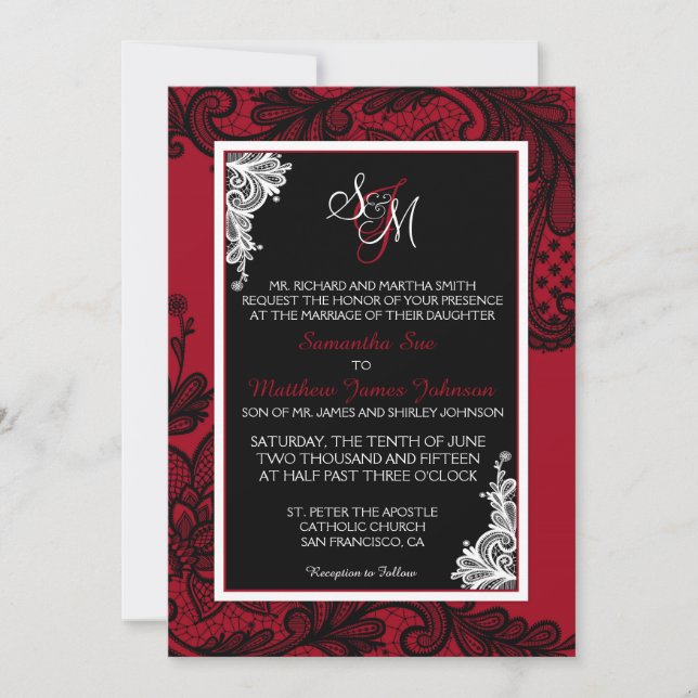 Red White and Black Lace Wedding Invitation Card (Front)