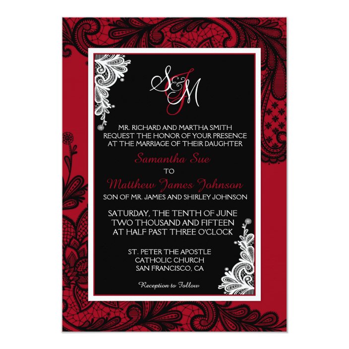 Red White and Black Lace Wedding Invitation Card
