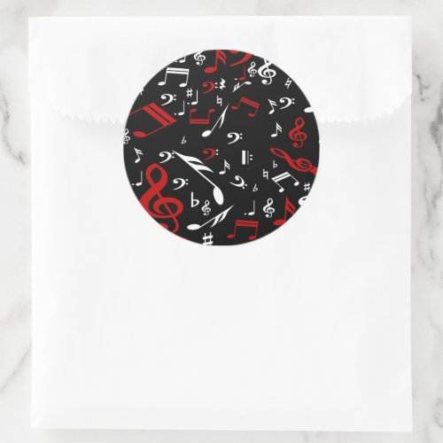 Red White and Black Musical Notes Classic Round Sticker