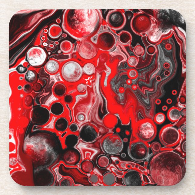 Red White and Black Pour Painting Effect Fluid Art Beverage Coaster (Front)
