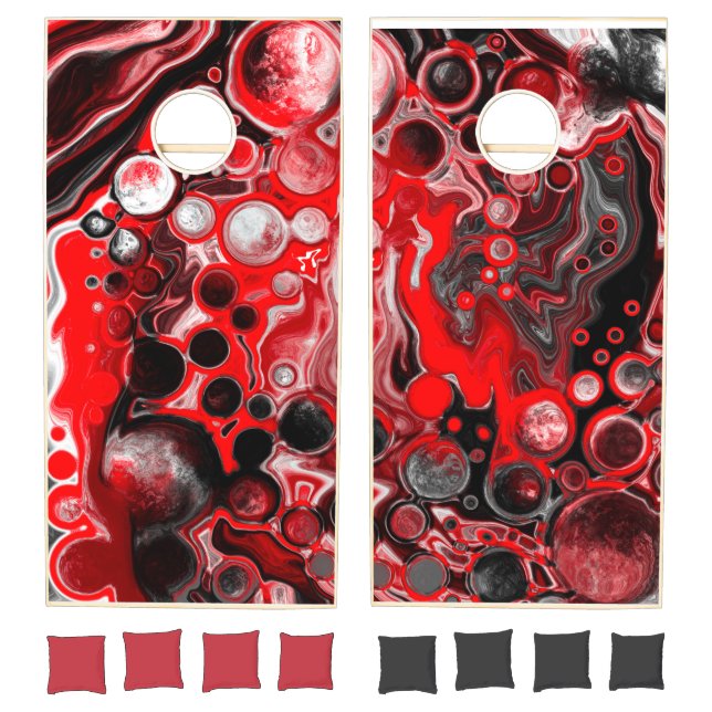 Red White and Black Pour Painting Effect Fluid Art Cornhole Set (Set)