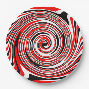 Red white and black psychedelic design paper plates