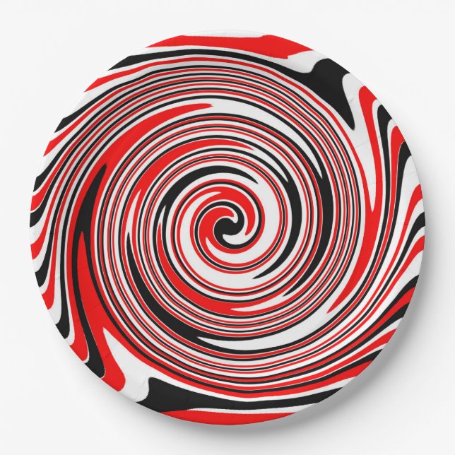 Red white and black psychedelic design paper plates (Front)