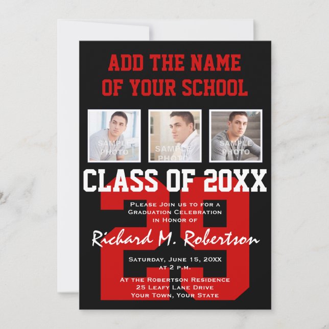 Red, White and Black School Colors Graduation Invitation (Front)