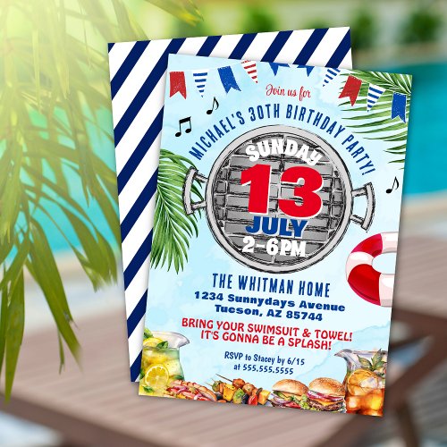 Red White and Blue 30th Birthday BBQ Pool Party Invitation