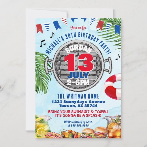 Red White and Blue 30th Birthday BBQ Pool Party Invitation | Zazzle