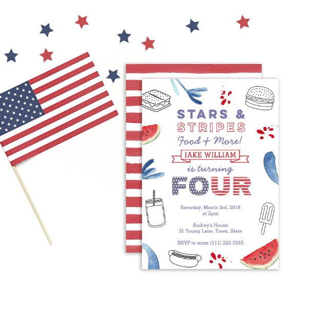 Red White and Blue 4th Birthday for Boy or Girl Invitation