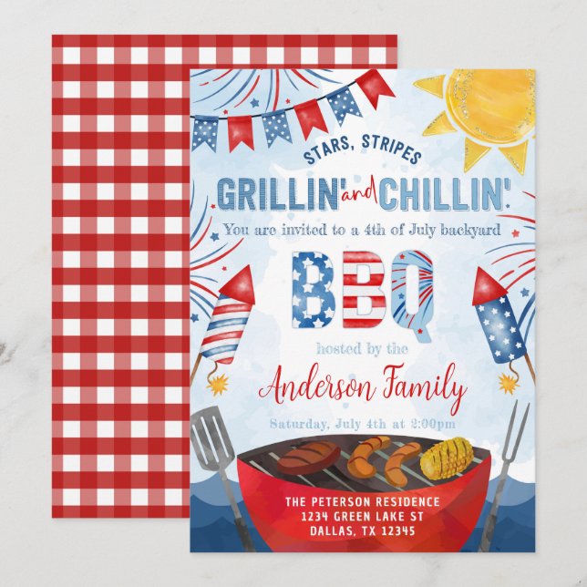 Red White and Blue 4th of July Backyard BBQ Party Invitation (Front/Back)