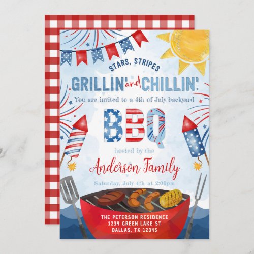 Red White and Blue 4th of July Backyard BBQ Party Invitation