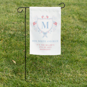 Red, White and Blue 4th of July BBQ Monogram Crest Garden Flag