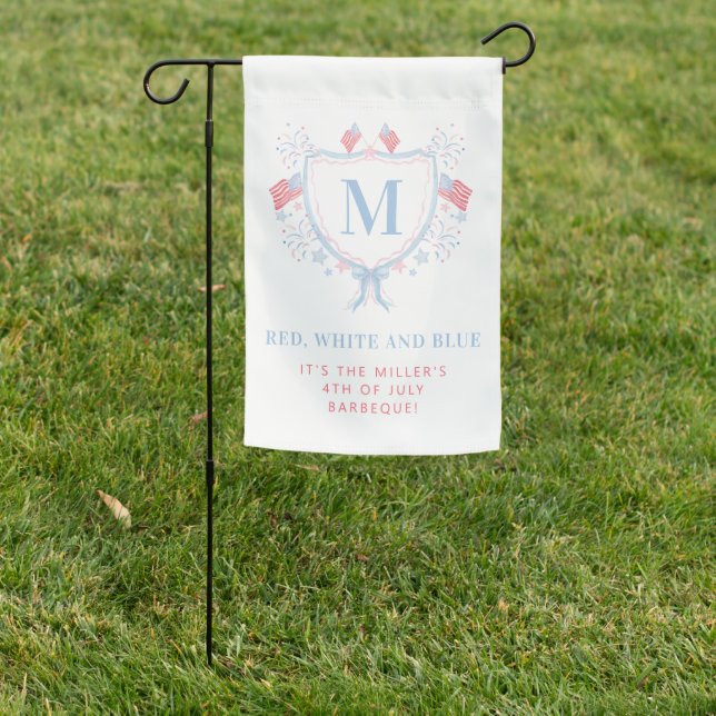 Red, White and Blue 4th of July BBQ Monogram Crest Garden Flag (In SItu)