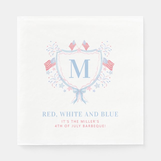 Red, White and Blue 4th of July BBQ Monogram Crest Napkins (Front)