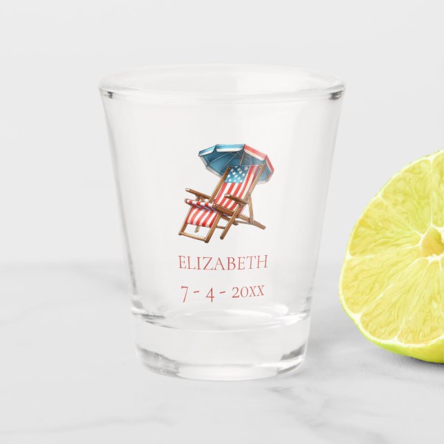 Red White and Blue 4th of July Beach Chair Shot Glass (Front)