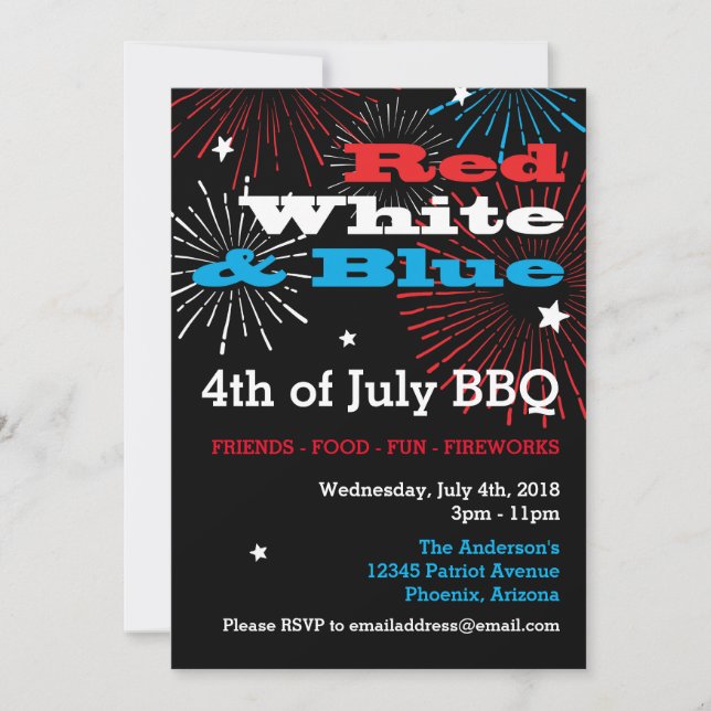Red White and Blue 4th of July Invitation (Front)