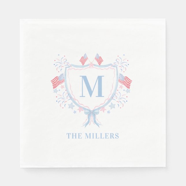 Red, White and Blue 4th of July Monogram Crest Napkins (Front)