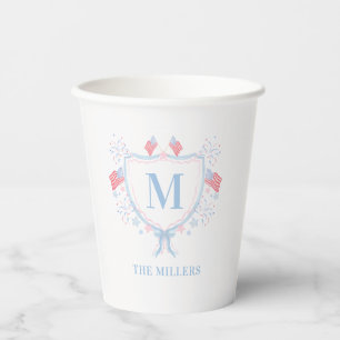 Red, White and Blue 4th of July Monogram Crest Paper Cups
