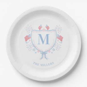 Red, White and Blue 4th of July Monogram Crest Paper Plates