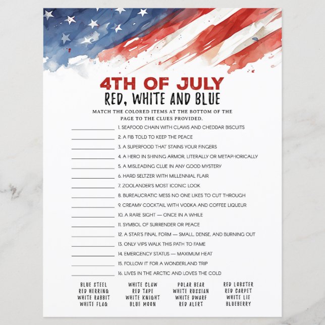 Red, White and Blue 4th of July Party Game (Front)