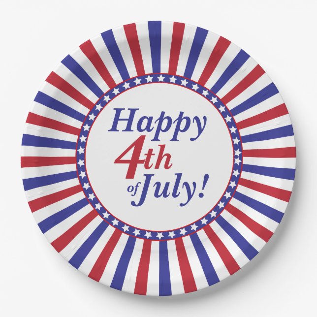 Red White and Blue 4th of July Stars and Stripes Paper Plates (Front)