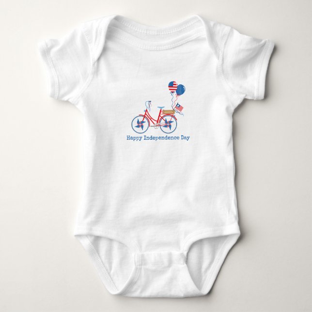 Red White and Blue 4th of July Whimsical Bicycle  Baby Bodysuit (Front)