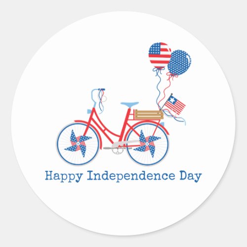 Red White and Blue 4th of July Whimsical Bicycle   Classic Round Sticker