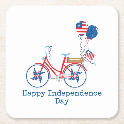 Red White and Blue 4th of July Whimsical Bicycle  Square Paper Coaster