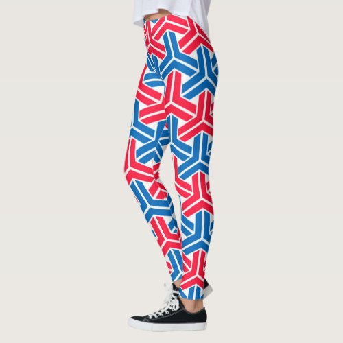 Red white and blue abstract geometric pattern leggings