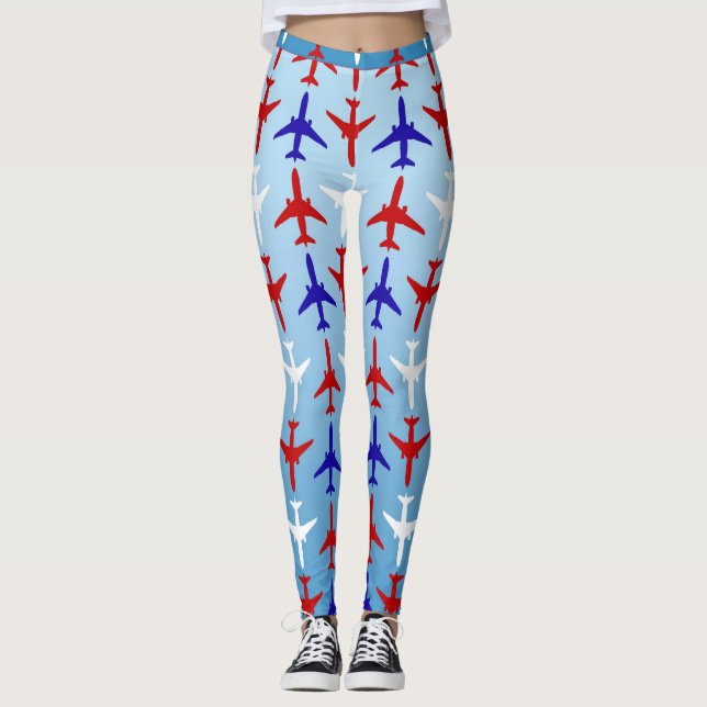 Red White and Blue Airplane Pattern Leggings (Front)
