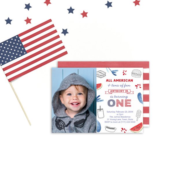Red White and Blue All-American 1st Birthday Photo Invitation (Creator Uploaded)