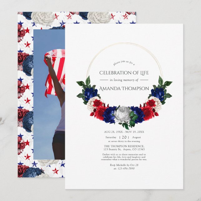Red White and Blue American Celebration of Life Invitation (Front/Back)