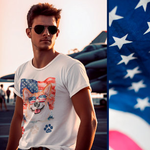 Red White and Blue  American Dog Corgi 4th of July T-Shirt