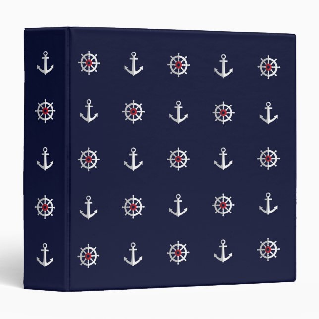 Red White And Blue Anchor Pattern 3 Ring Binder (Front/Spine)
