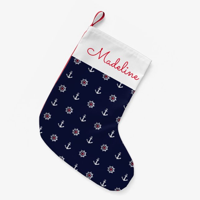 Red White And Blue Anchor Pattern | Add Your Name Small Christmas Stocking (Front (Hanging))