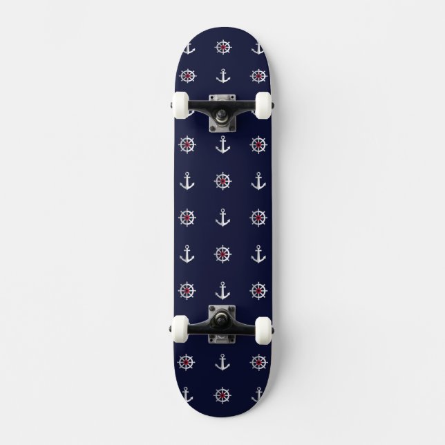 Red White And Blue Anchor Pattern Skateboard Deck (Front)