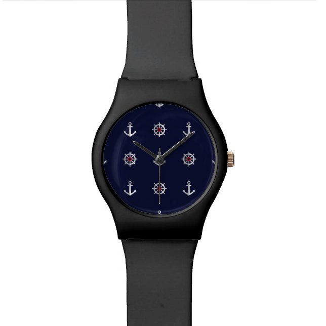 Red White And Blue Anchor Pattern Wristwatch (Close Up)