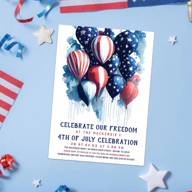 Red White and Blue Balloon 4th of July Party Invitation | Zazzle