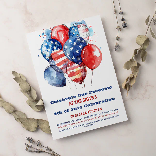 Red White and Blue Balloon 4th of July Party Invitation | Zazzle