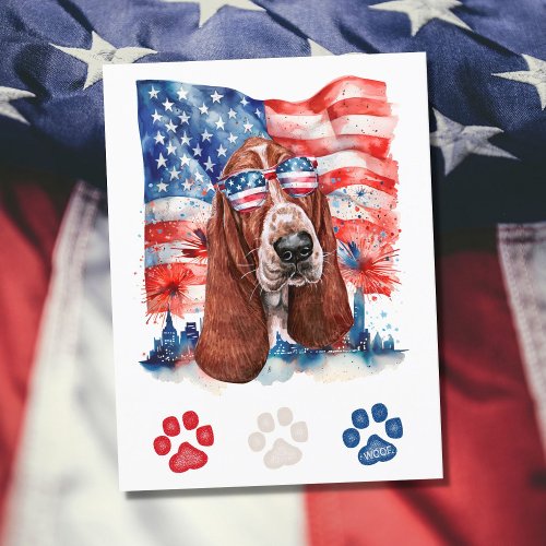 Red White and Blue Basset Hound Dog 4th of July Holiday Postcard