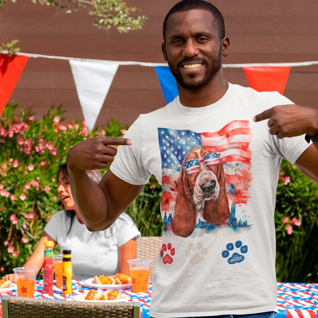 Red White and Blue Basset Hound Dog 4th of July T-Shirt (Creator Uploaded)